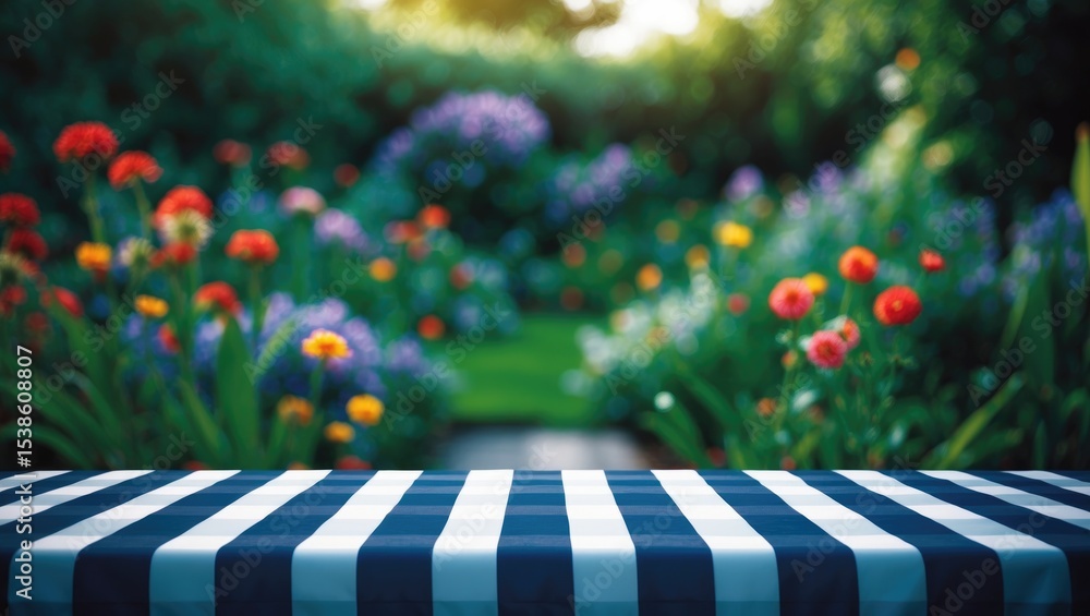 Aufkleber checkered tablecloth texture top view with abstract green bokeh from garden in morning background fo
