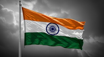 Indian Flag Waving Proudly Against a Dramatic Sky