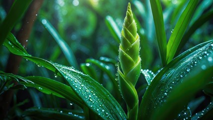Fototapeta premium Ginger flower, Zingiber officinale or ginger plant featuring a flower on a rainy day.