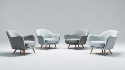 An isolated modern sofa with wooden legs on a white background. A collection of modern armchairs in different styles and materials. Ideal for interior design.