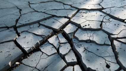 Cracked concrete texture background. Close-up of grey surface with cracks. Numerous pieces of splintered plaster. Abstract idea of division, dissent, disagreement, and discord.