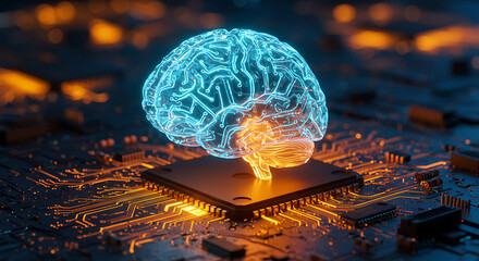 AI Brain on Circuit Board, Symbolizing Processing data with Future Innovation Technology Artificial Intelligence 