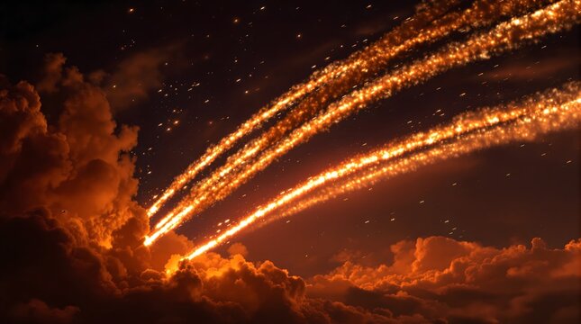 Multiple Missiles with Glowing Trails Through Red Clouds