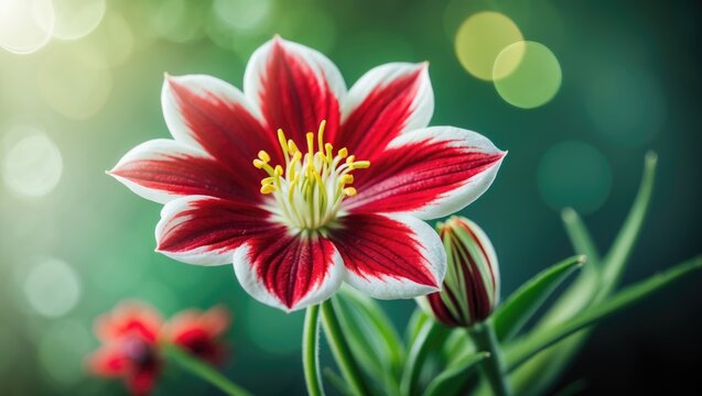 A detailed close-up of a red and pink columbine flower featuring pointed petals and a prominent cluster of yellow stamens, with a blurred background emphasizing the vibrant colors of the blossom.