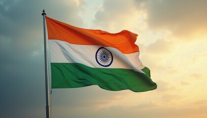 Majestic Indian Flag Waving in the Sunset Sky National Symbol Patriotism