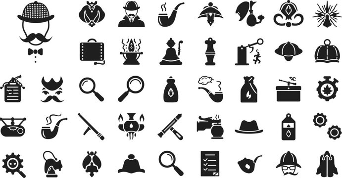 Detective investigation elements vector icons set mystery solving clues and tools sherlock holmes symbols editable stock vector illustration