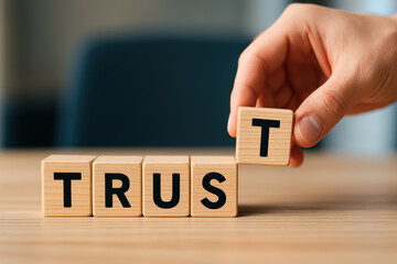 A close-up shows the concept trust being built step-by-step with light wooden blocks on a smooth table surface symbolizing reliability and foundation in business relationships