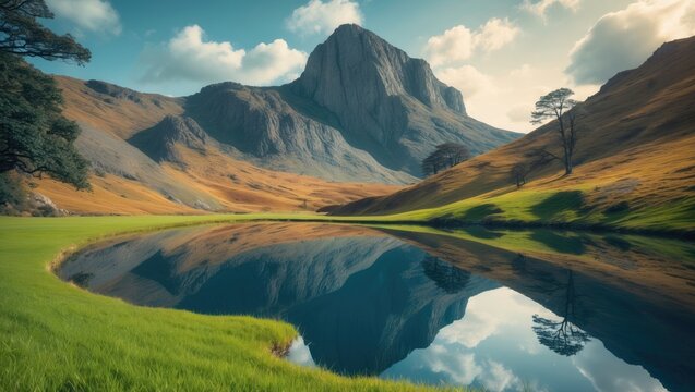 Vertical photo of a red rocky mountain reflected in a mountain lake in Azerbaijan.