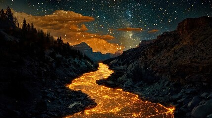 A fiery river flowing through a mountain valley at night.