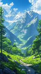 Cartoon wilderness landscape with mountain ridge and natural sunlight