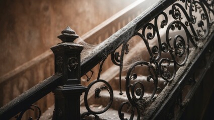 A close-up shot of an atmospheric old staircase, featuring chipped tiles and weathered metal railings, highlighted by a fragile spiderweb stretching between the rails.