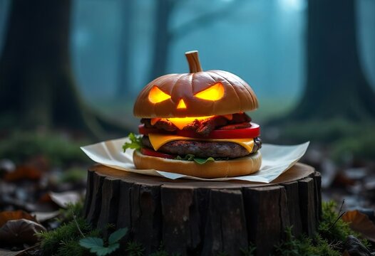 A spooky Halloween-themed hamburger, shaped like a jack-o'-lantern, on a wooden stump, surrounded by fog and a mystical forest backdrop. It has a beef patty, cheese, other toppings,typical of a burger - Powered by Adobe