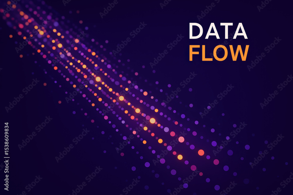 Poster a dynamic multicolored dots streams diagonally across a dark purple background symbolizing efficient