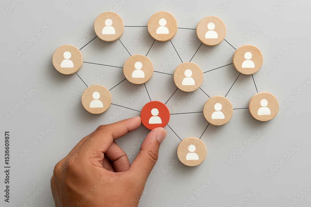 Poster a conceptual representation influence and connection in a network is shown with wooden discs linked 