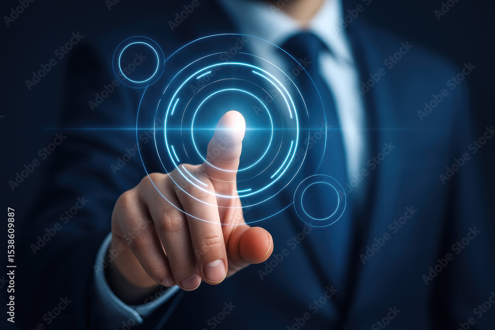 Poster innovation drives progress as a businessman interacts with glowing circular interface elements in a 