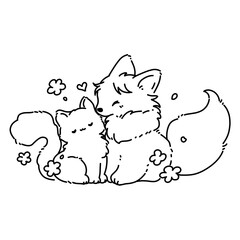 Vector illustration of cat and fox Line art outline 