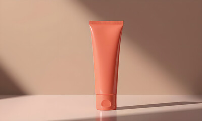 Elegant orange cosmetic tube mockup on neutral background with soft shadows.
