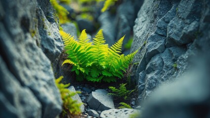 A small green plant is emerging from a large rock. The plant appears tiny and lively, growing from the rugged surface of the rock. The contrast between the delicate plant