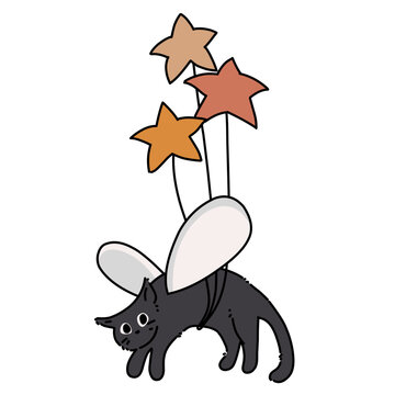 Naklejki Black cat flying with stars balloon illustration art 
