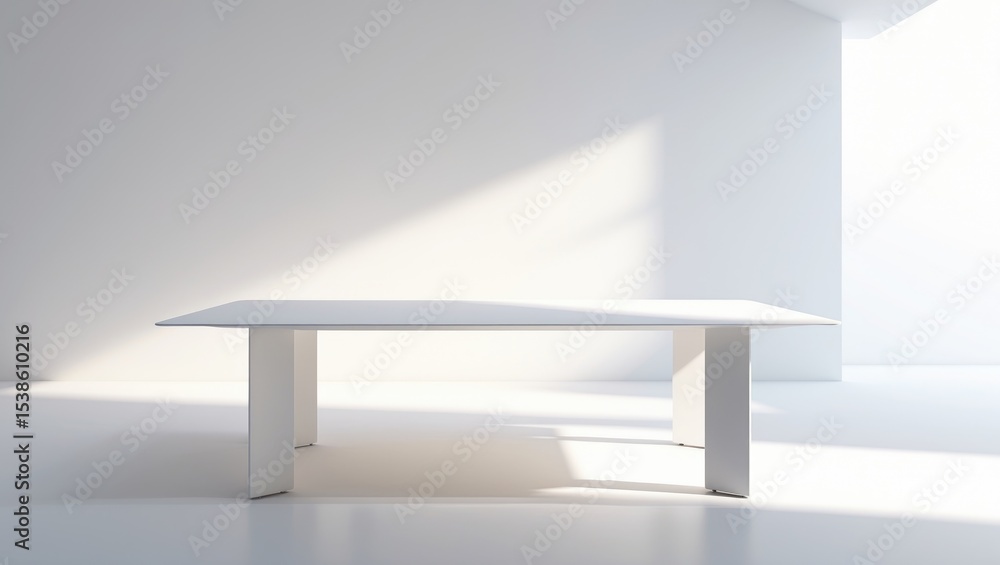 Poster empty white desk illuminated by morning light and window shadows with copy space, summer concert. bl