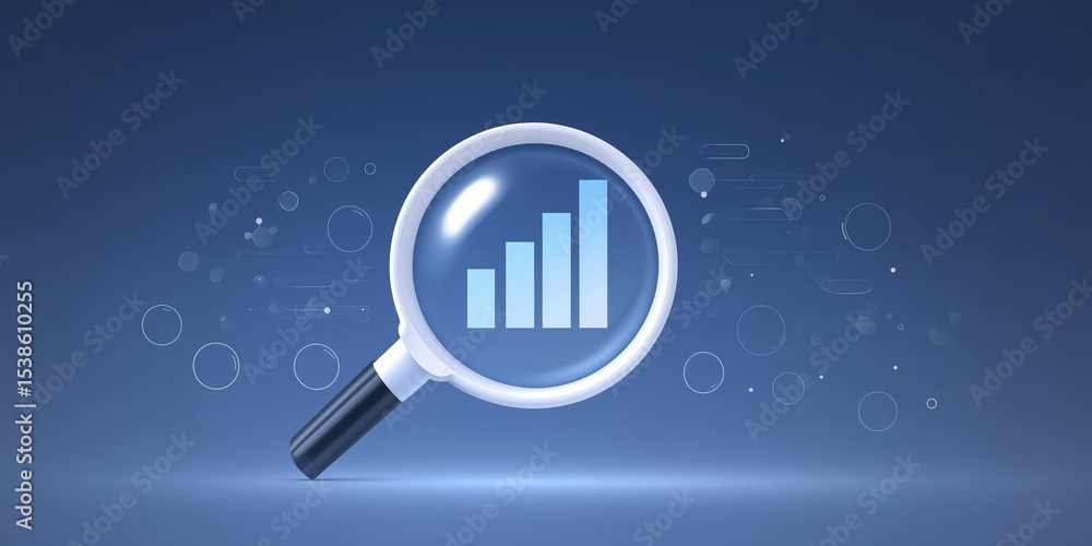 Poster magnifying glass focusing on a bar graph, symbolizing growth and analysis, set against a modern blue
