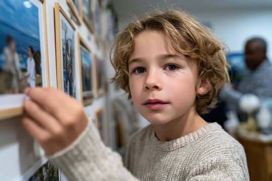 A young boy with curly hair is examining framed photos on the wall, evoking feelings of nostalgia and family connection in a casual indoor setting.