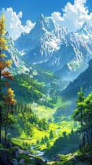 Gentle cartoon woodland trail leading toward faraway mountain scenery