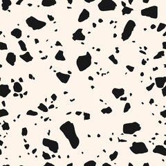 Simple vector terrazzo flooring seamless texture. Realistic pattern of mosaic floor with natural stones, granite, marble, glass, randomly scattered particles. Black and white minimal repeated design