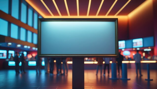 Blank showcase billboard or advertising light box for your media content or text message with a blurred image of a ticket sales counter at a movie theater, marketing, entertainment concept.