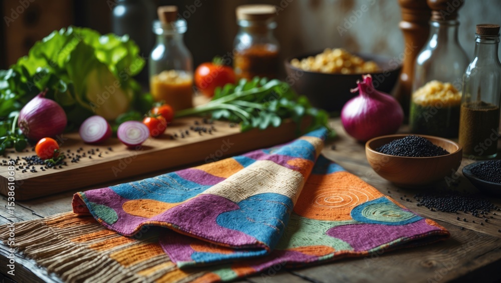 Aufkleber empty fabric napkin for serving table with abstract pattern. on wooden table with food ingredients o