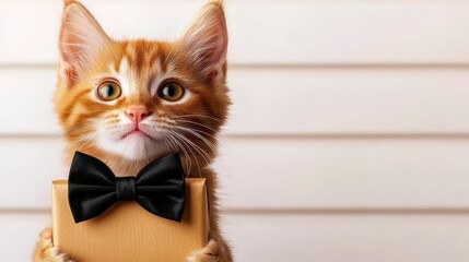 Happy Fathers Day Adorable Ginger Cat with Gift and Bow Tie. A delightful feline friend celebrates paternal affection with a charming present and dapper neckwear on this special day.