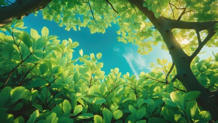 Springtime beech tree crowns seen from below with a blue sky backdrop