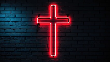 A luminous red neon cross is mounted on the wall behind the bars in the darkness.
