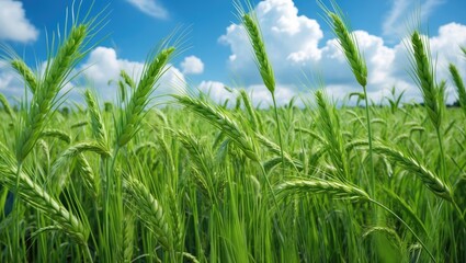 Fototapeta premium A vibrant barley field thrives beneath a clear blue sky dotted with clouds. The plants grow tall, swaying softly in the warm summer breeze, showcasing the richness of nature