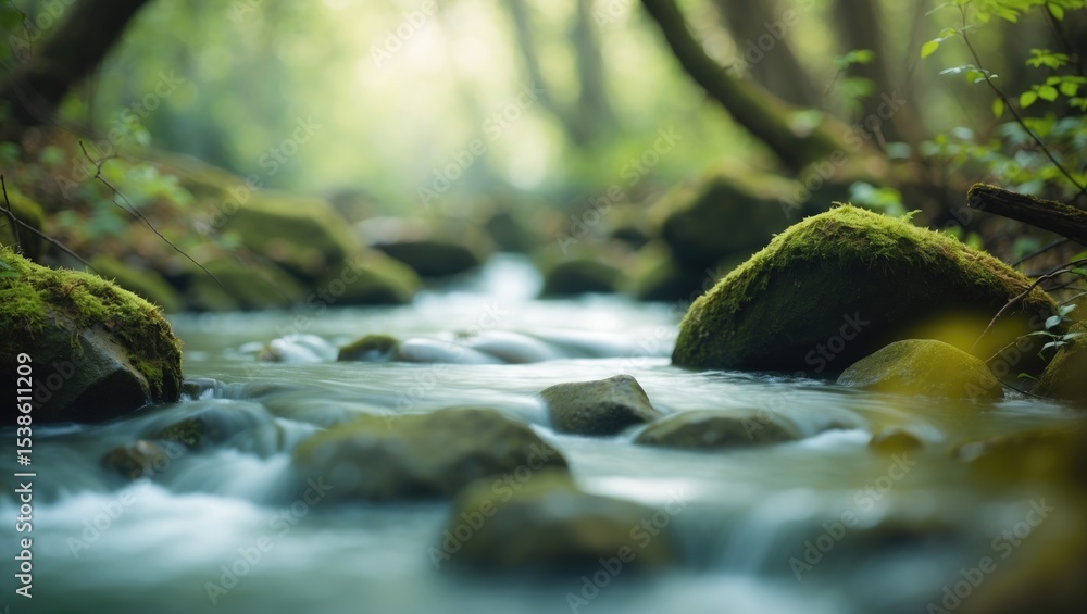 Aufkleber blurred background of a peaceful and calming scene of a forest stream with clear water flowing over 