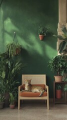 Relaxed cat on chair in green plant-filled room with hanging ferns and potted plants