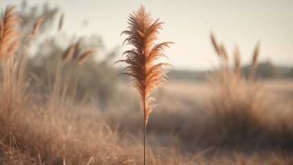 Obraz premium A tall, dry grass stalk is the primary focus of the scene. The grass appears brown and withering, creating an impression of desolation and barrenness. Concept of solitude and emptiness.