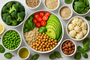 Top view of healthy vegan bowl with avocado, chickpeas, quinoa, tomatoes and greens surrounded by fresh plant-based ingredients.