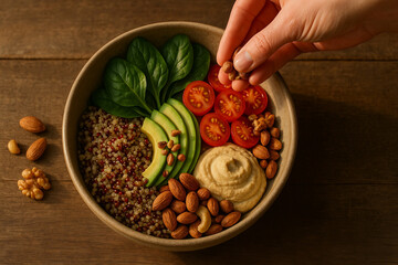 Hand adds nuts to a healthy vegan bowl with quinoa, hummus, avocado, cherry tomatoes, spinach and mixed nuts on rustic table.