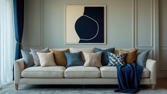 A large living room contains a neutral-colored sofa decorated with pillows, with an abstract artwork hanging above the couch that enhances the stylish decor, presenting a cozy atmosphere.