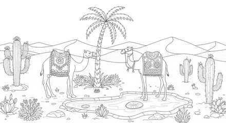 Desert Oasis Line Art Camels, Cacti, and Palm Tree in an Arid Landscape for Coloring Pages and Creative Projects