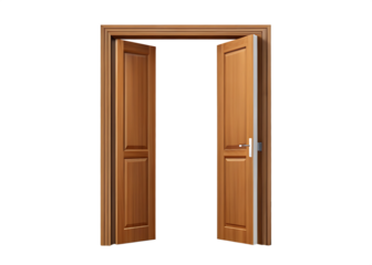 Open brown wooden door isolated on transparent background