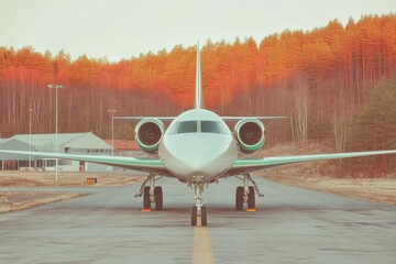 Private jet on runway with autumn forest background at sunset