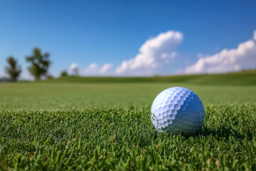 Fototapeta premium Low‑Angle Close‑Up of Golf Ball on Green with Sky and Negative Space