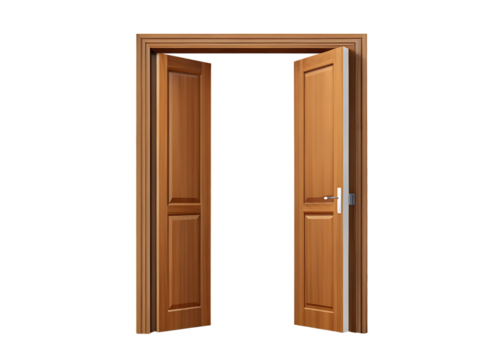 Open brown wooden door isolated on transparent background