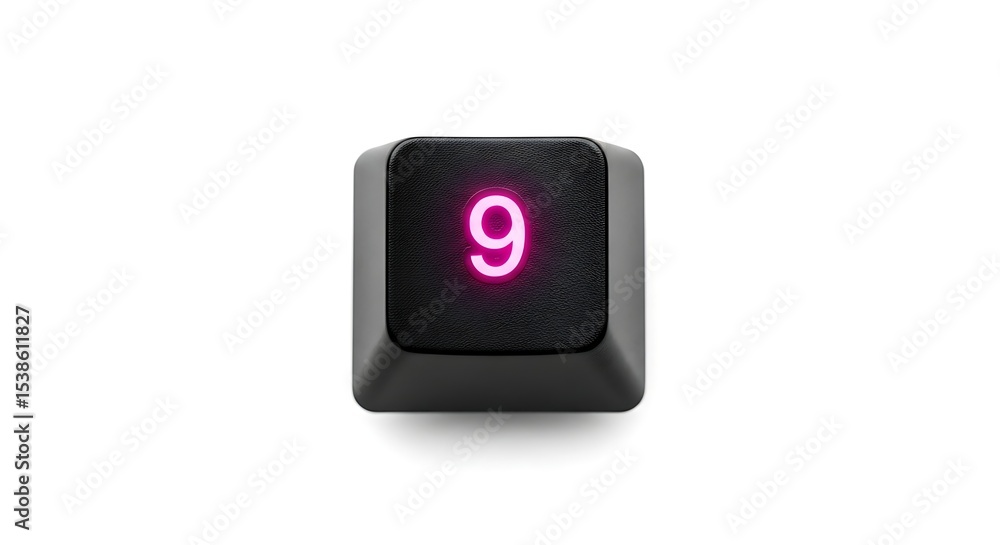 Poster isolated black keyboard key with the number 9 illuminated in pink