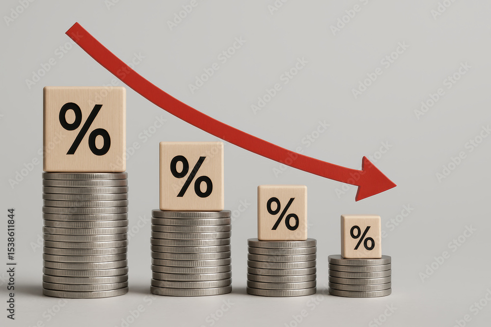 Poster a declining trend in investment returns is shown by descending coin stacks with percentage cubes und