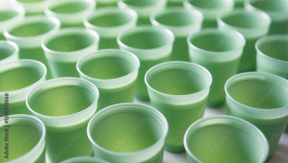 Poster close-up of a collection of transparent plastic cups lined up on a turquoise surface. shallow depth 