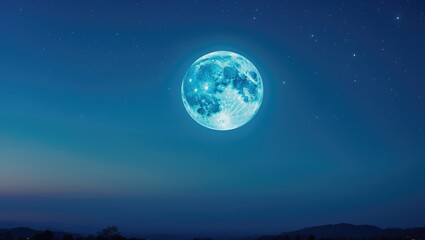 Beautiful evening image with a magnificent full moon shining against a blue background. Itâ€™s late at night, with a beautiful full moon and hazy sky, even though it is dark outside.