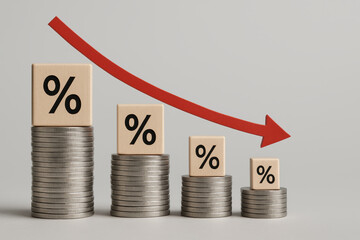 A declining trend in investment returns is shown by descending coin stacks with percentage cubes under a falling red arrow symbolizing financial loss